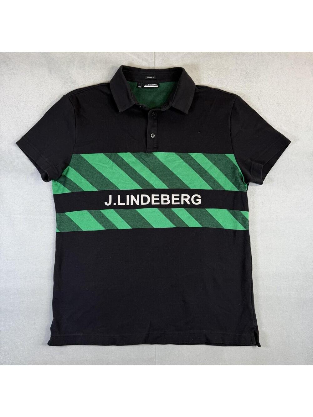 J.Lindeberg Golf Polo Shirt Mens Large Black Green Adam Pique Regular Fit Logo